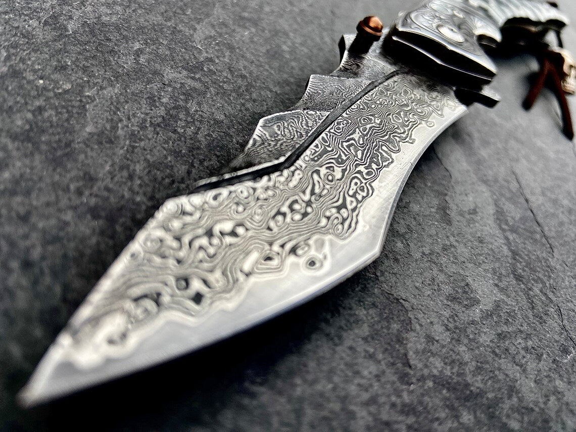 Unique Personalized Ebony Damascus Skullhead Customized Knives Gifts for Men by Groovy Guy