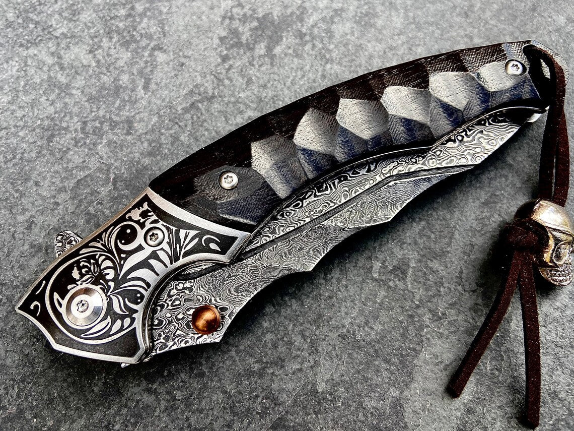 Unique Personalized Ebony Damascus Skullhead Customized Knives Gifts for Men by Groovy Guy