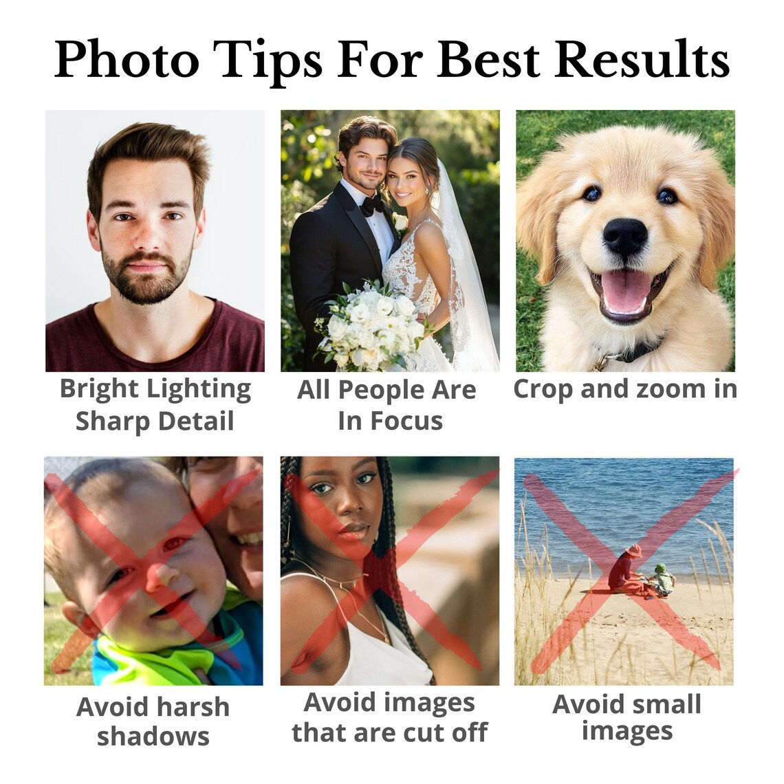 Photography guidance infographic showing six examples: bright lighting with sharp detail on a man's portrait, couple in focus at wedding, dog's close-up face, child with red X overlay showing harsh shadows to avoid, woman's portrait with red X showing cut-off framing, and beach scene with red X indicating small image size to avoid.