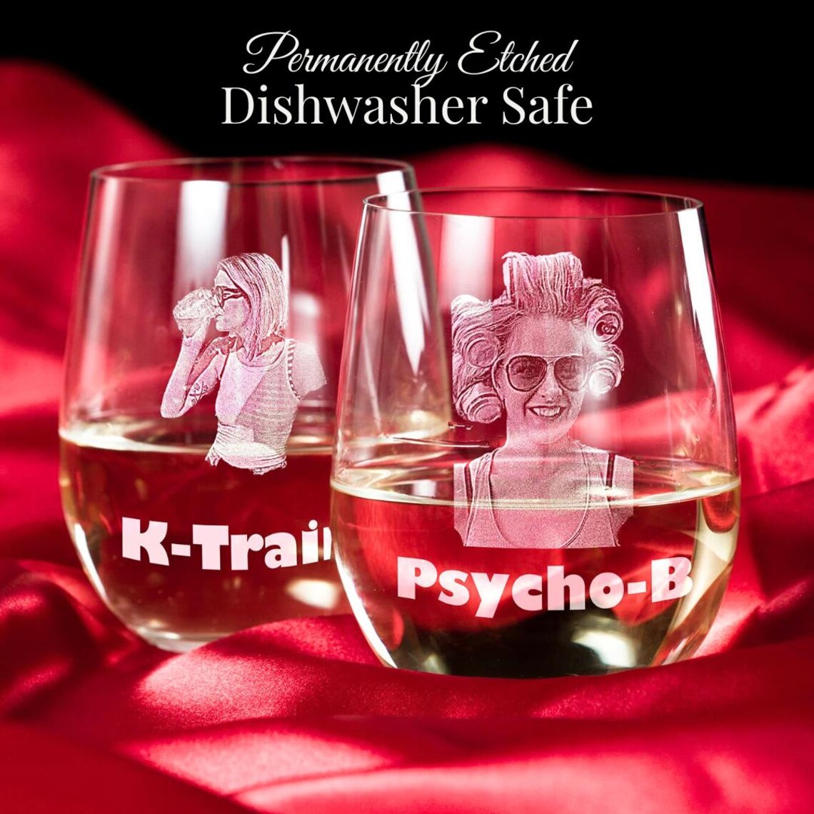 Pair of stemless wine glasses laser-engraved with sample photos and custom text "K-trail" and "Psycho-B" displayed on red fabric background