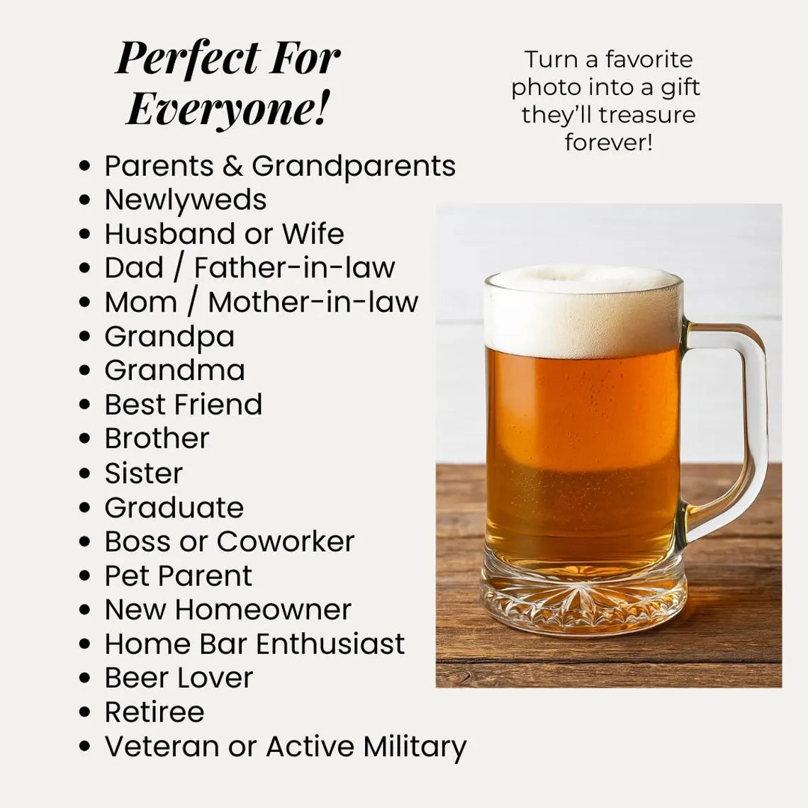Beer mug with decorative base filled with amber beer and foam head, displayed on wooden surface next to text listing gift occasions