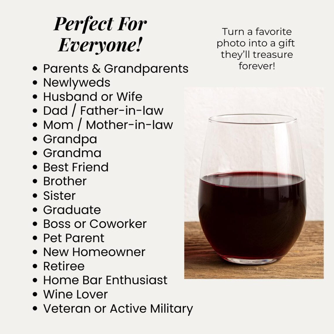 Stemless wine glass filled with red wine, displayed on wooden surface alongside marketing text listing gift occasions and recipient types
