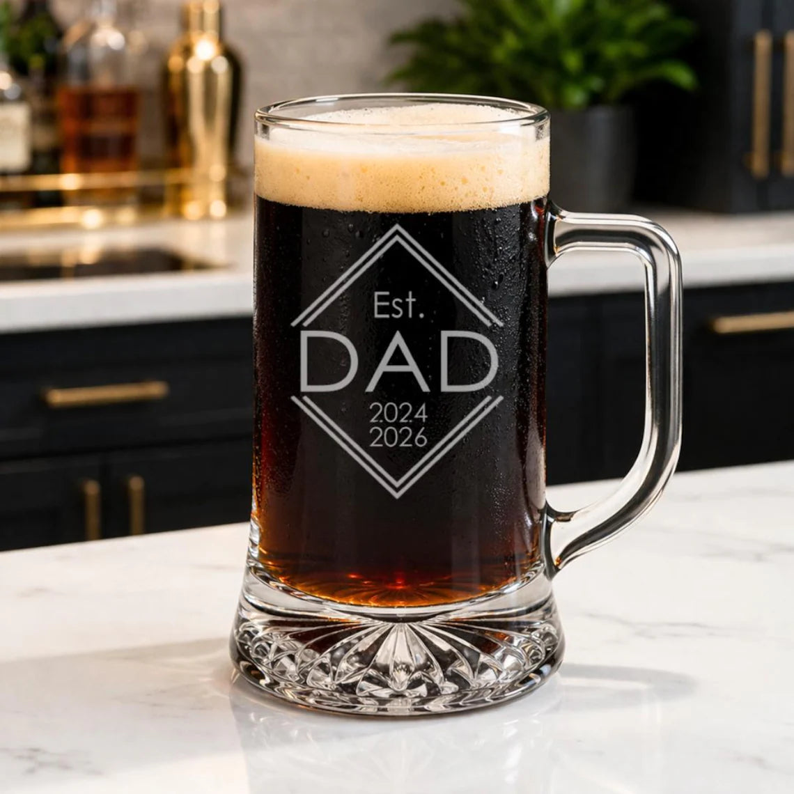 Personalized Est. Mom or Dad Engraved Glass — Whiskey, Wine, Pint, Mug, or Beer Can