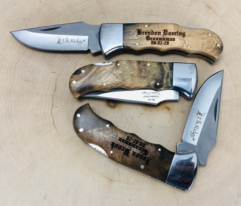 Unique Personalized Engraved Burlwood Pocket Knife Customized Knife Gifts for Men by Groovy Guy