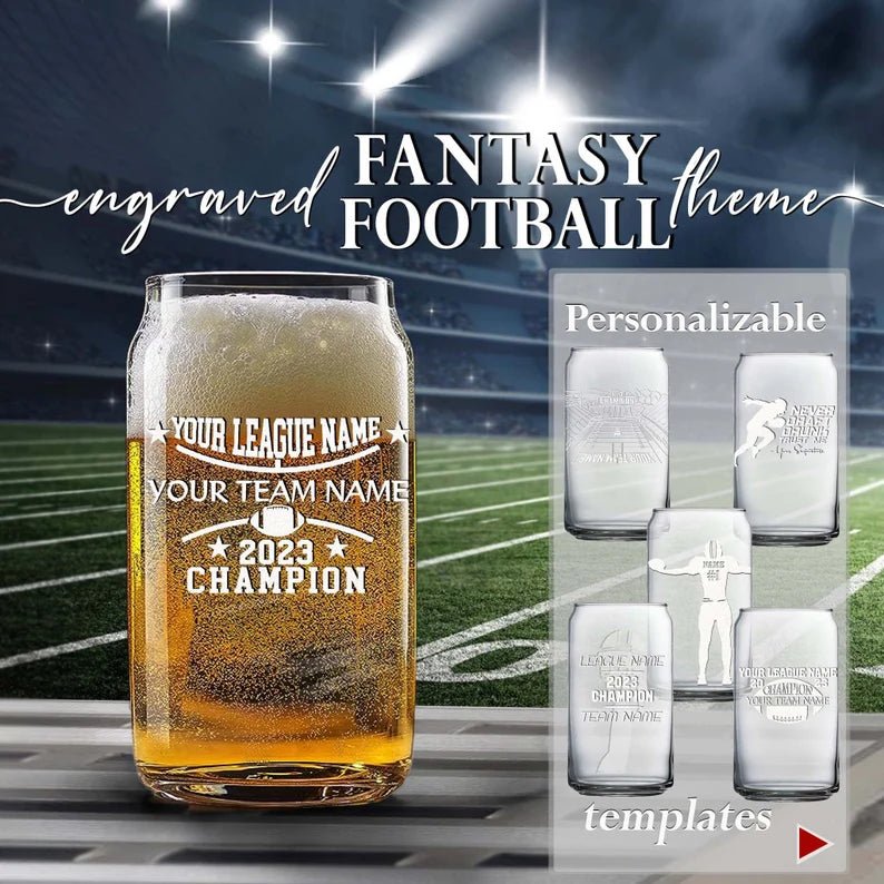 Unique Personalized Fantasy Football Glass Beer Can Customized Beer Glasses Gifts for Men by Groovy Guy