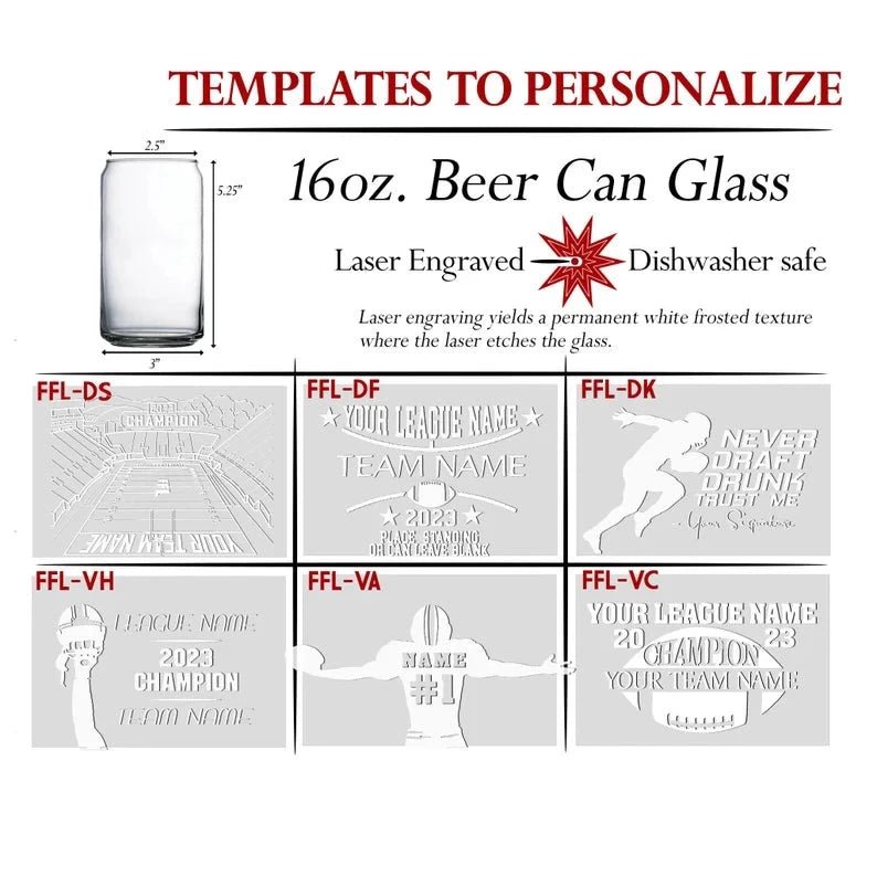 Unique Personalized Fantasy Football Glass Beer Can Customized Beer Glasses Gifts for Men by Groovy Guy