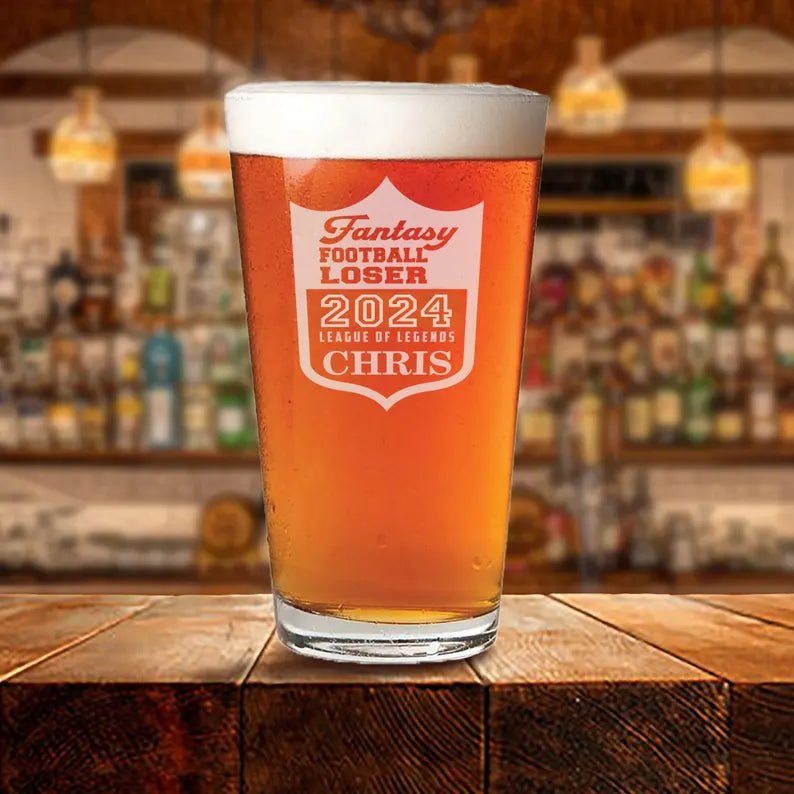 Unique Personalized Fantasy Football Pint Glass Customized Drinkware Gifts for Men by Groovy Guy