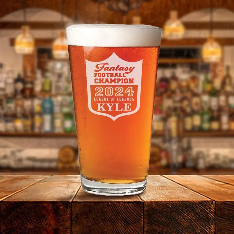 Unique Personalized Fantasy Football Pint Glass Customized Drinkware Gifts for Men by Groovy Guy