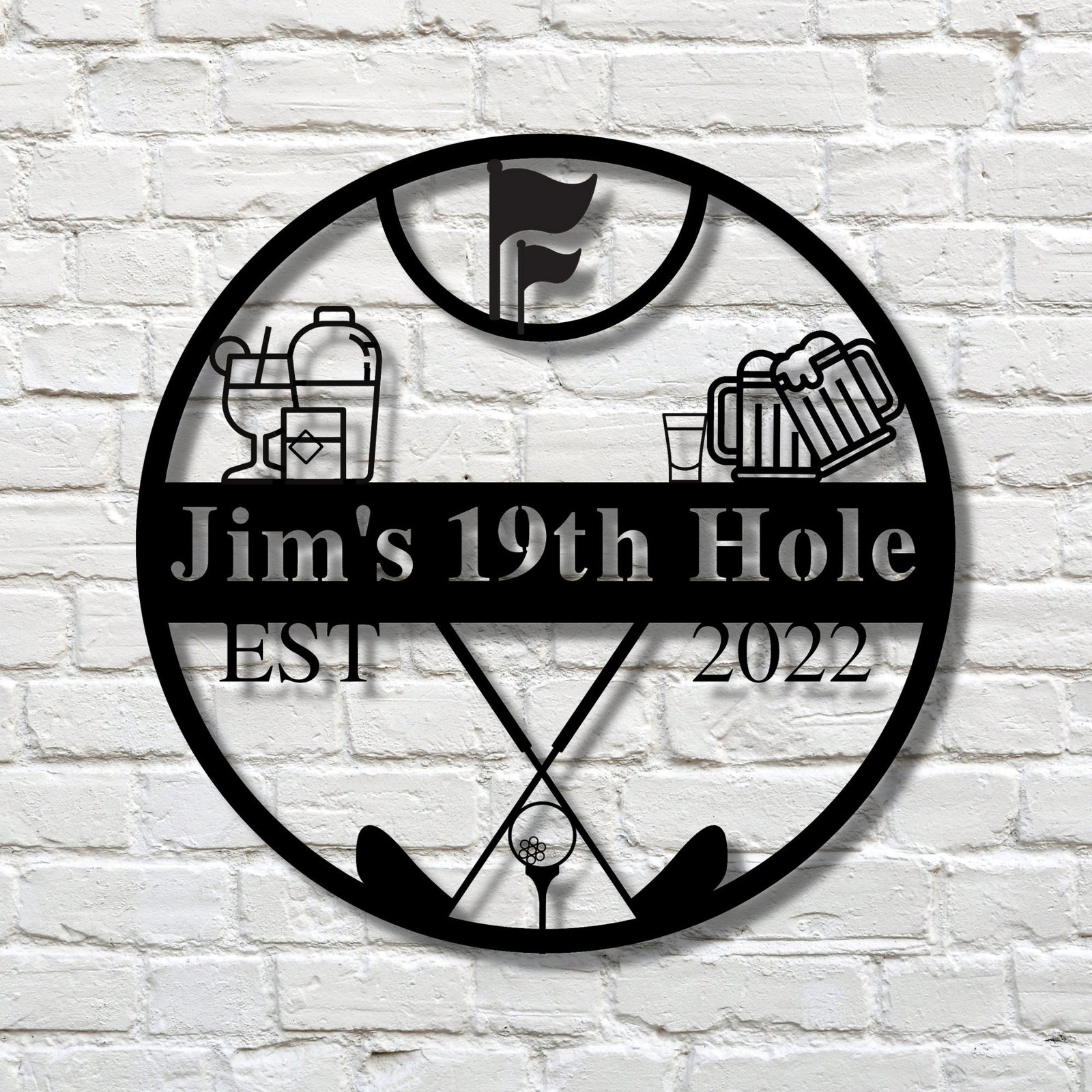 Personalized 19th hole metal pub sign with custom name and established year, golf flag and crossed clubs design, on a white brick wall