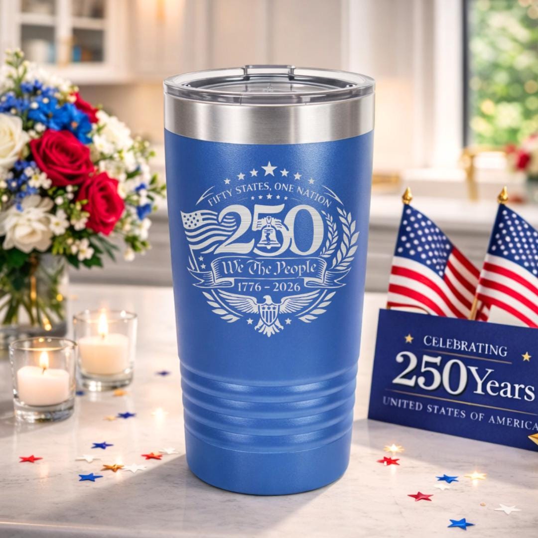 America 250th Anniversary Patriotic Tumbler in royal blue, 20 oz vacuum-insulated stainless steel