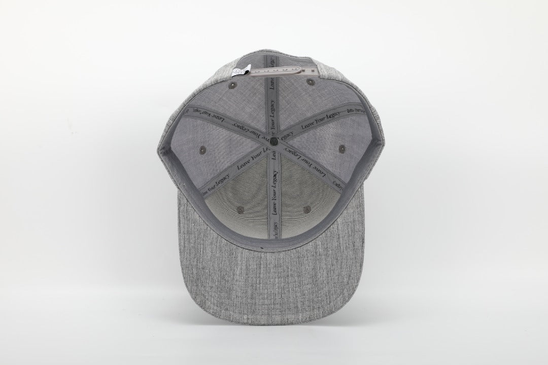 Heather grey Dad Vibes hat with brown leather patch and adjustable snapback.