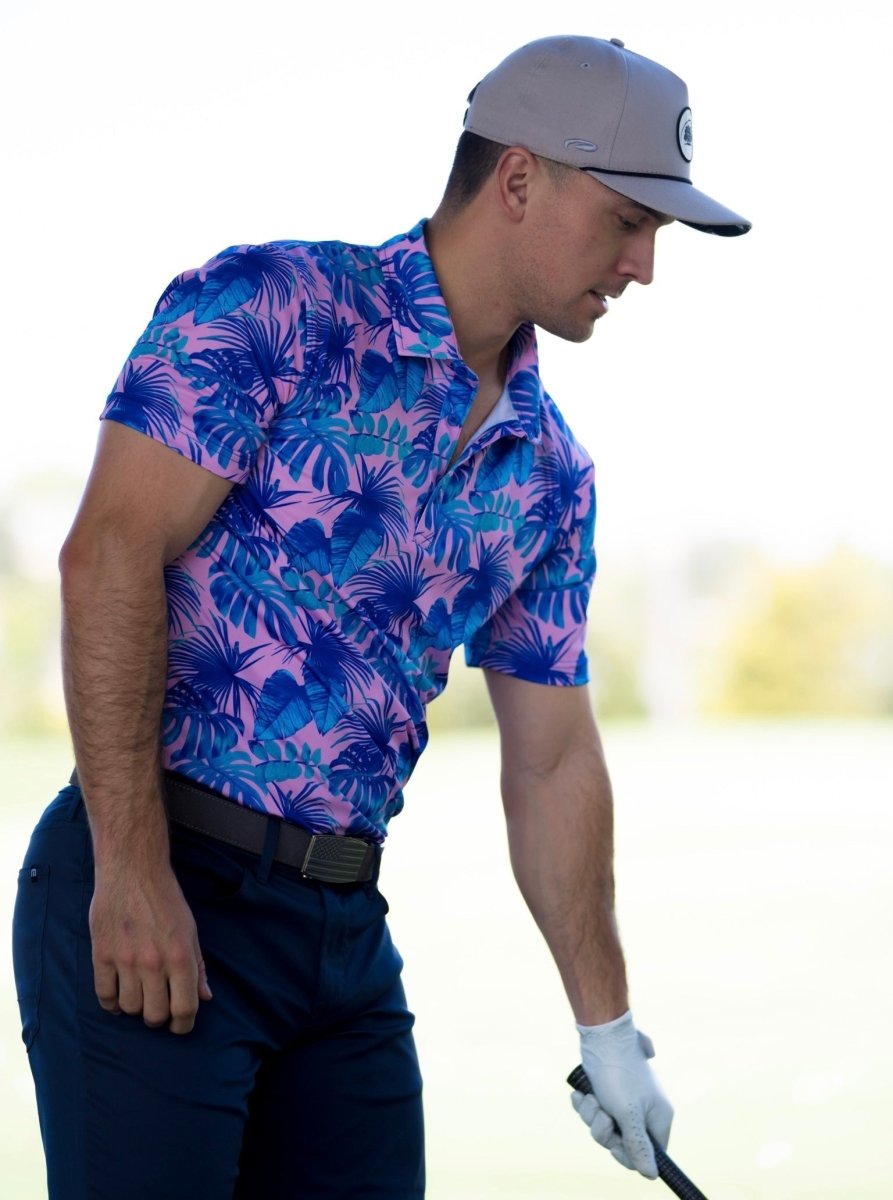 Unique Personalized Pink Palms Customized golf Polos Gifts for Men by Groovy Guy