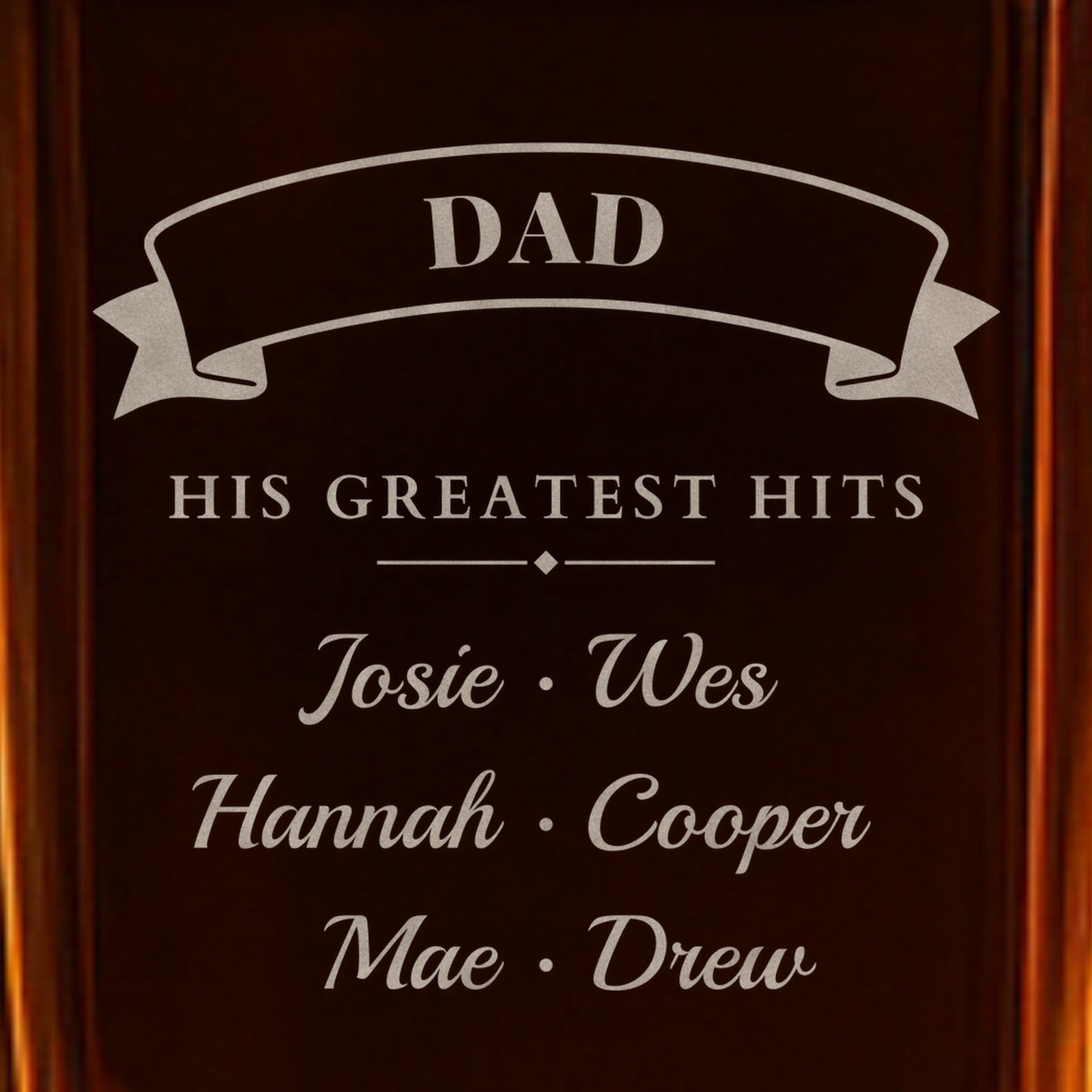 Close-up of the back engraving: Dad, His Greatest Hits and six kids' names in two script columns, a personalized gift for dad from his kids