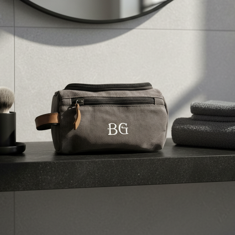 Gray toiletry bag with initials 'BG' on a bathroom counter, surrounded by towels and a mirror.