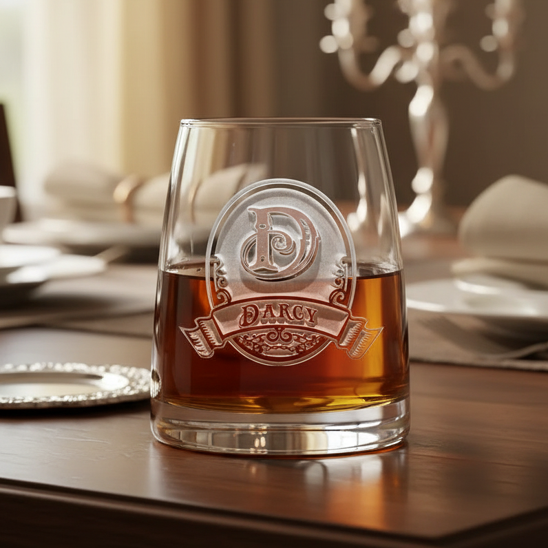 Glass of whiskey with a personalization on a table with a candlelit background