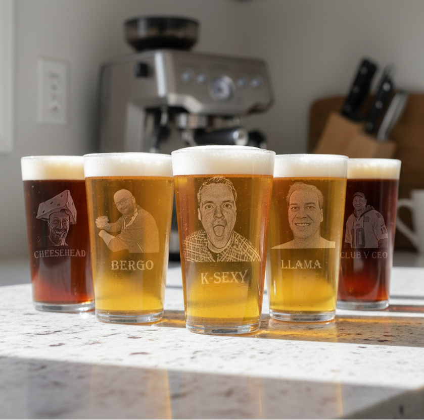 Five glasses of beer with personalized etchings on a kitchen counter.