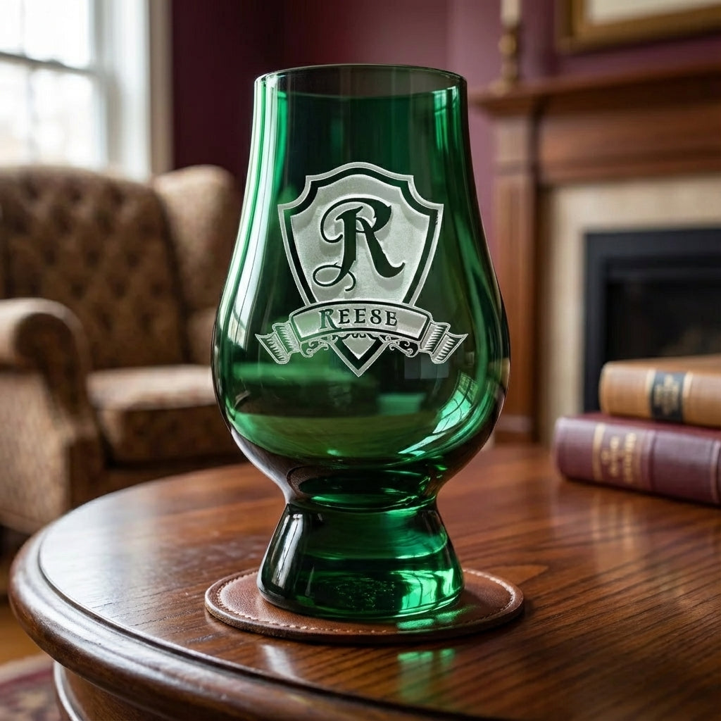 Engraved Shield Green Glencairn Glass