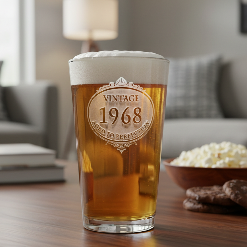 Etched Vintage Year Birthday Beer Glass