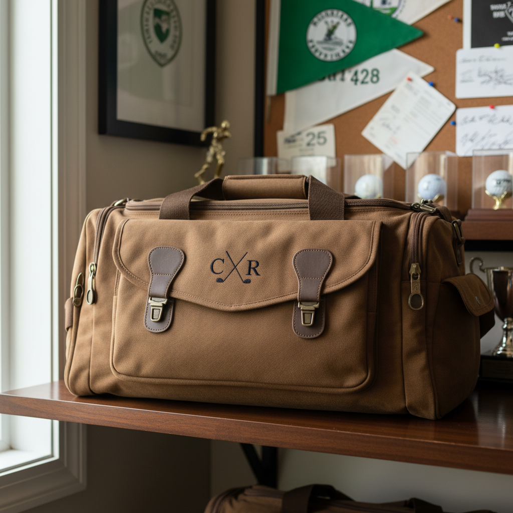 Golf coach duffle bag displayed in a trophy room, personalized with a crossed golf clubs monogram and two initials.