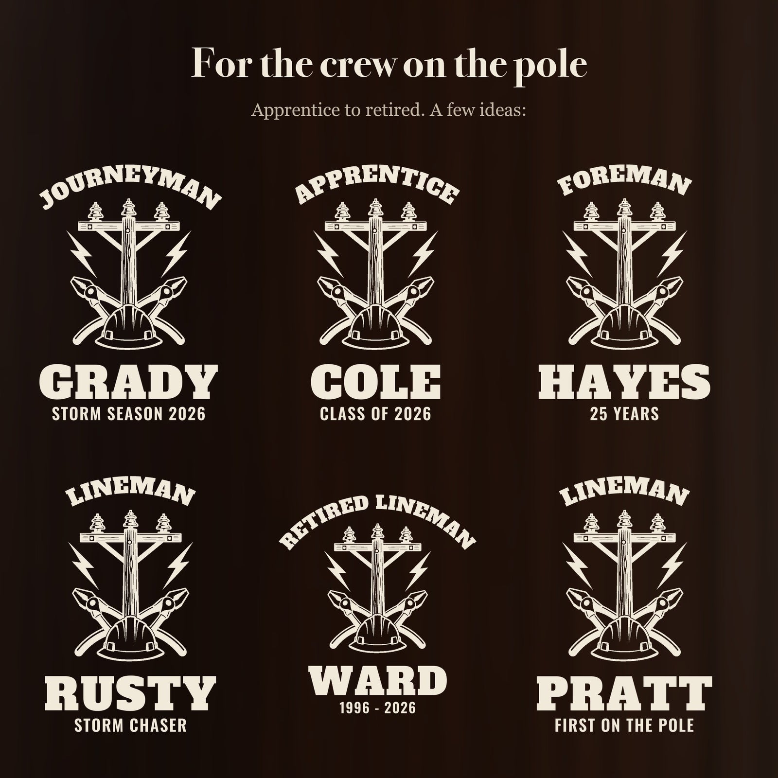 Six ways to engrave the lineman beer stein: Journeyman Grady, Apprentice Cole, Foreman Hayes, Lineman Rusty and more