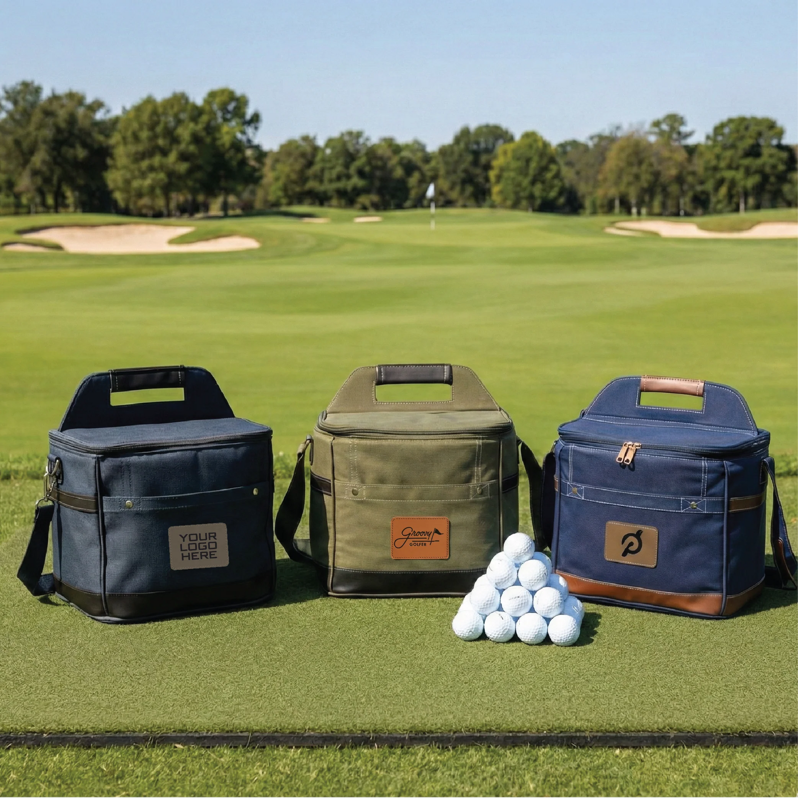 Three golf coolers in black, khaki, and navy with leather patches displayed on grass, center cooler showing sample Groovy Guy logo, golf balls stacked in front, golf course fairway in background