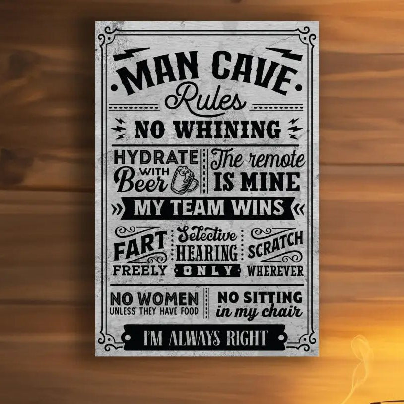 Unique Personalized Man Cave Rules Metal Sign Customized Wall Decor Gifts for Men by Groovy Guy