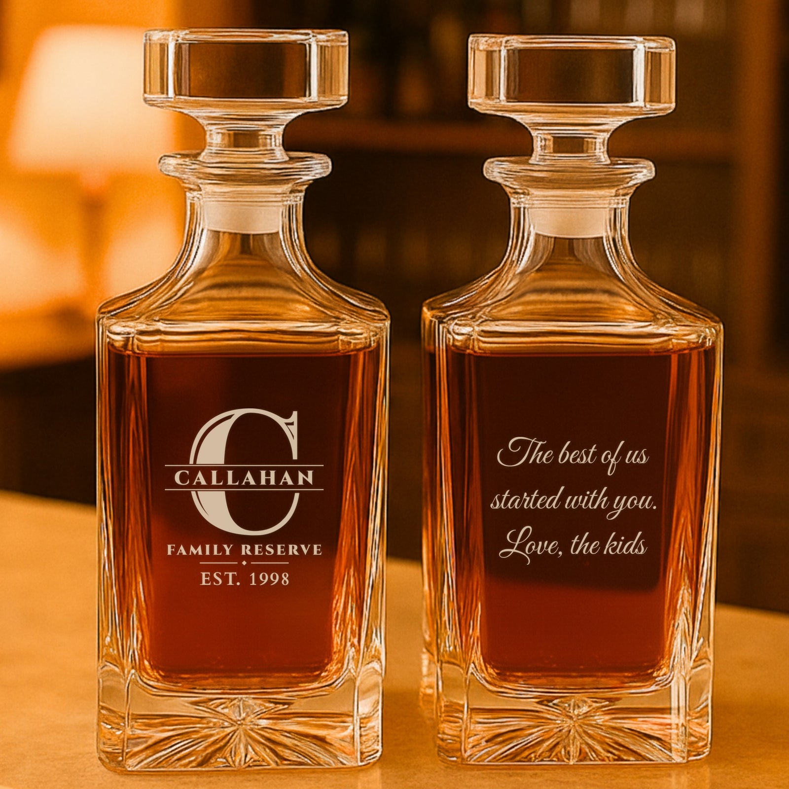 Monogrammed whiskey decanter engraved with a large C, Callahan, Family Reserve, est. 1998, beside a back message from the kids