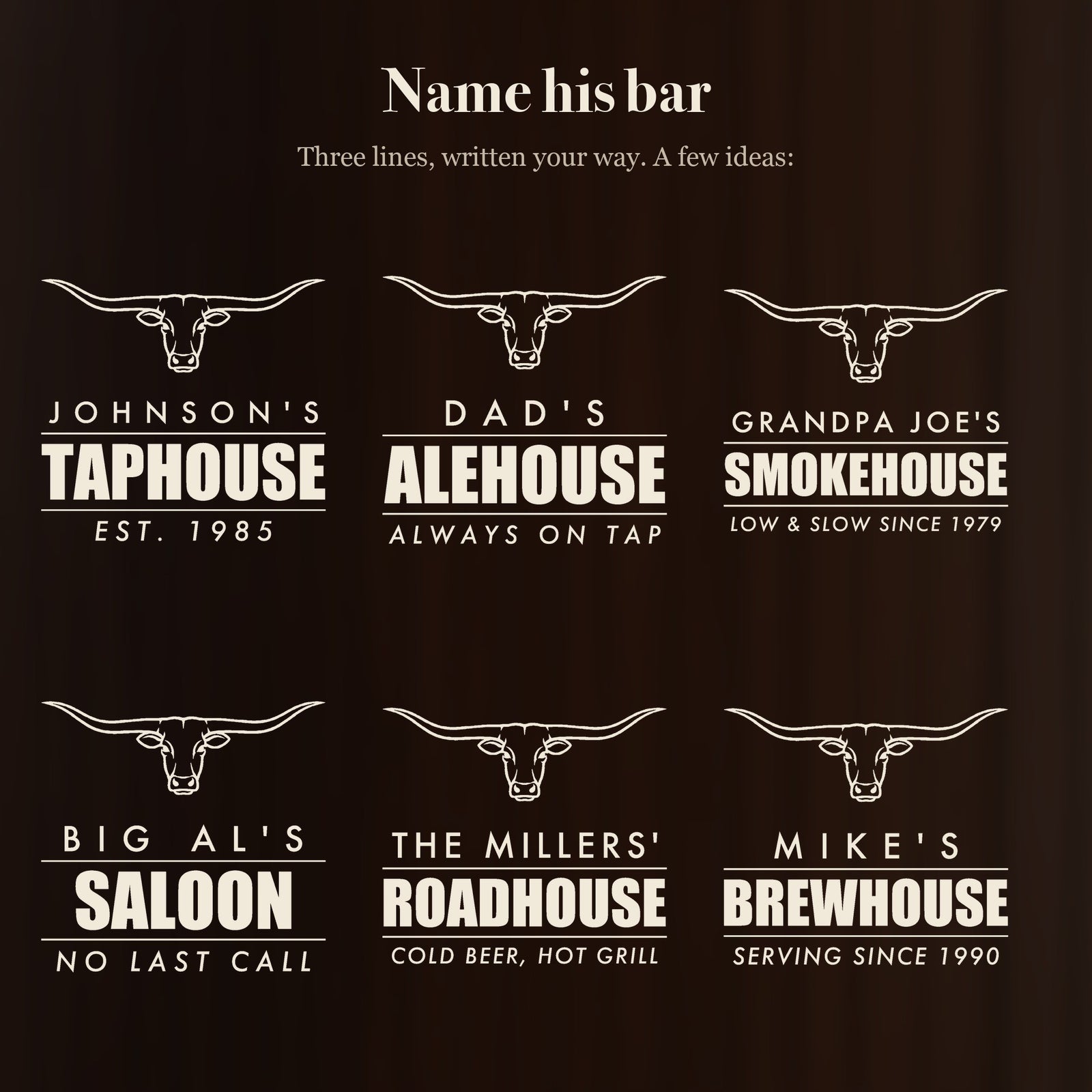 Six ways to personalize the longhorn bar sign stein: Johnson's Taphouse, Dad's Alehouse, Grandpa Joe's Smokehouse, Big Al's Saloon and more