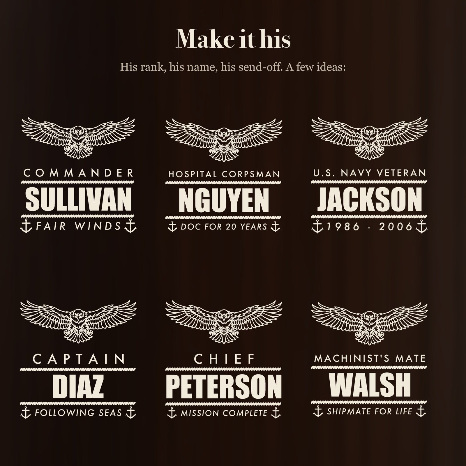 Six ways to engrave the Navy retirement stein: Commander Sullivan, Hospital Corpsman Nguyen, Navy Veteran Jackson, Captain Diaz and more
