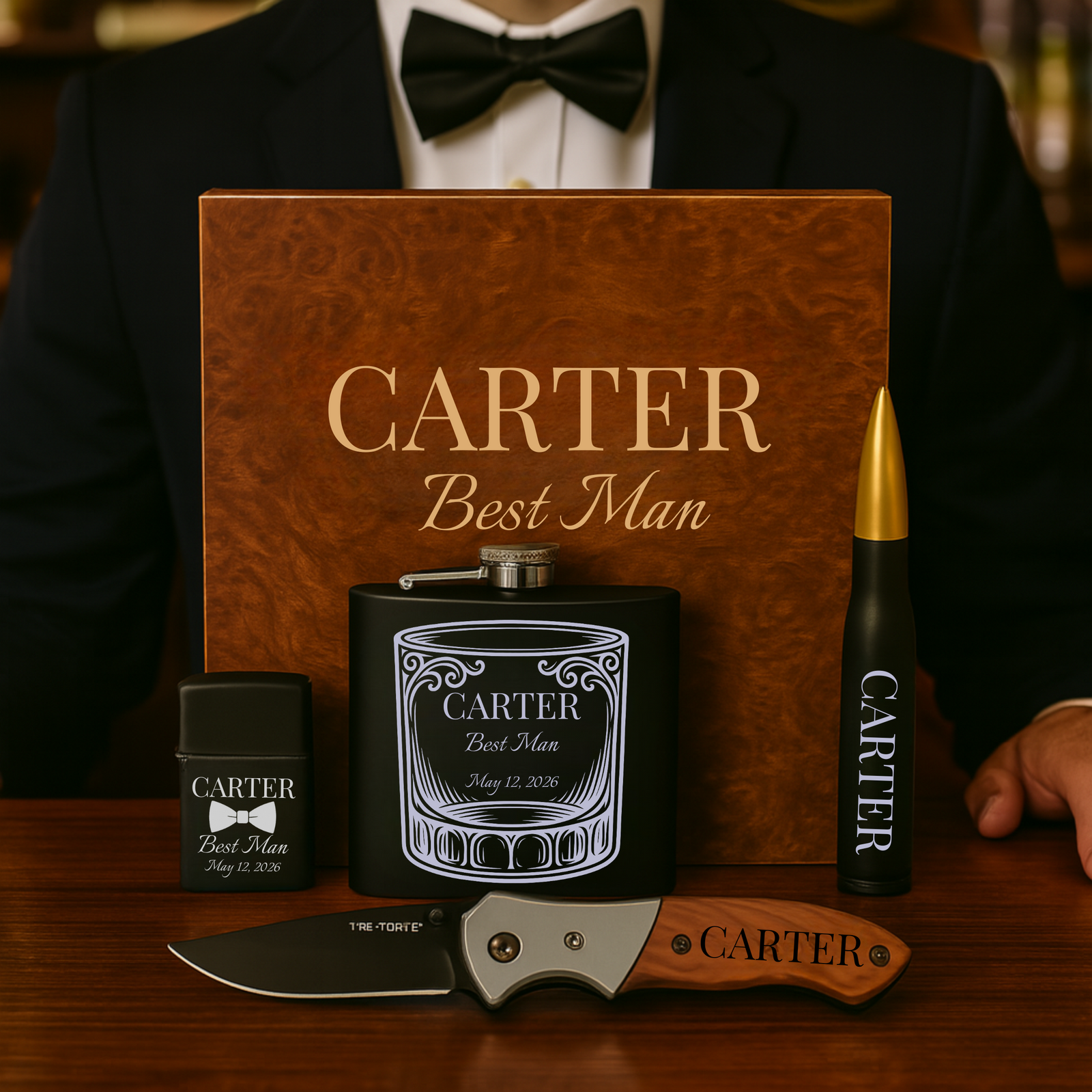 The Five-Star Groomsmen Gift Set with engraved flask, knife, lighter, and bottle opener in cedar humidor