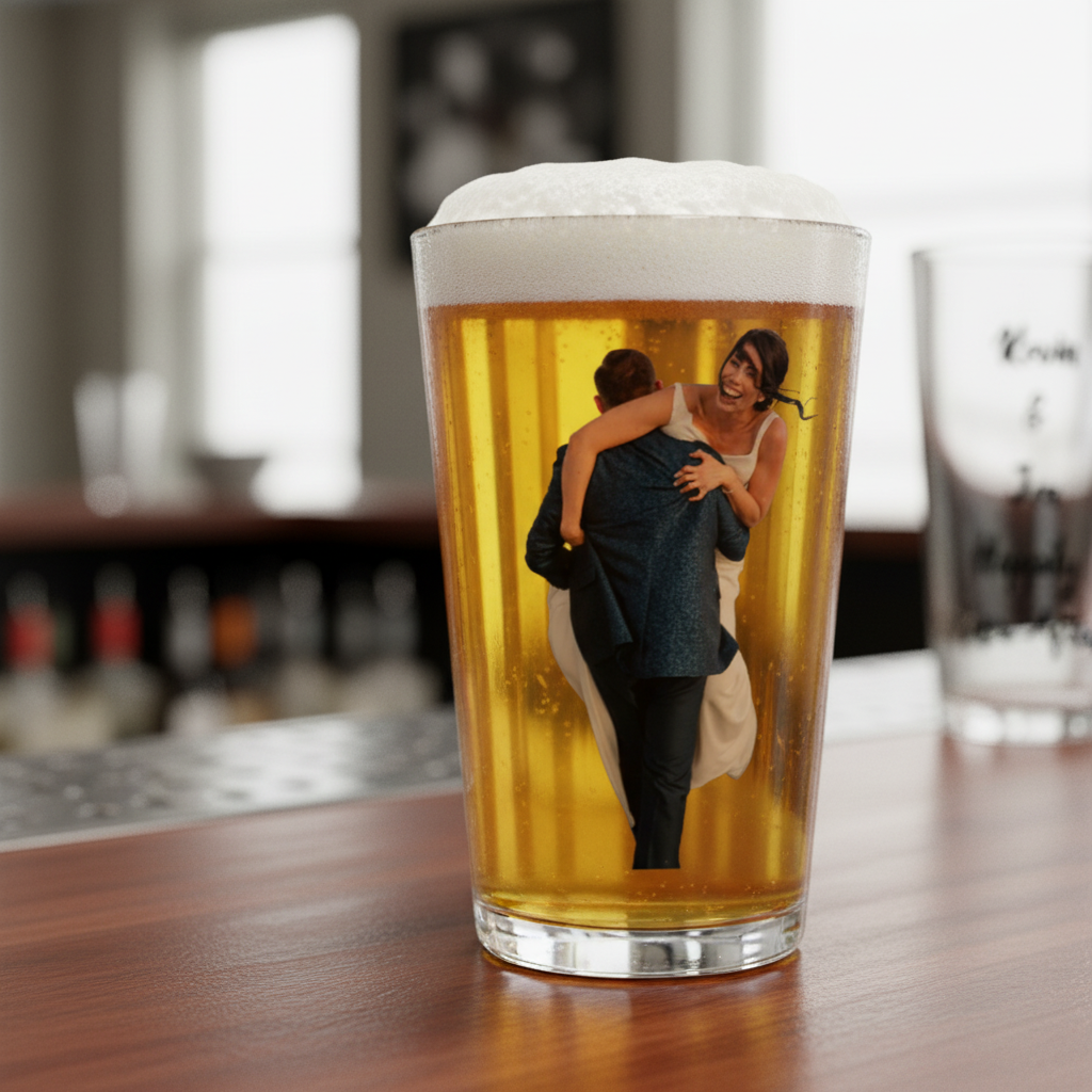 Pint glass filled with beer displaying a custom photo of a couple on the front, shown on a wooden bar counter