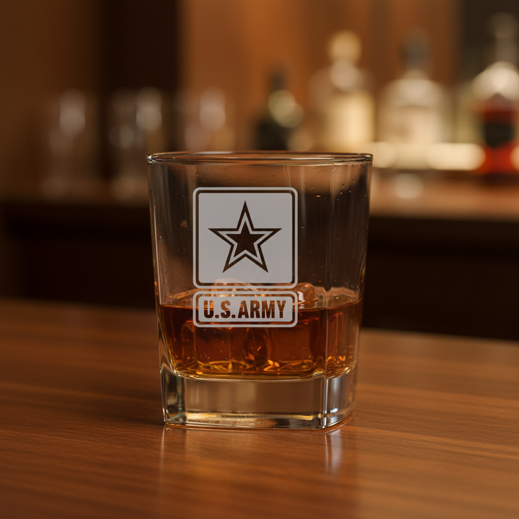 Whiskey glass filled with amber liquor, engraved with U.S. Army star insignia and text label, positioned on wooden surface with blurred bar setting in background