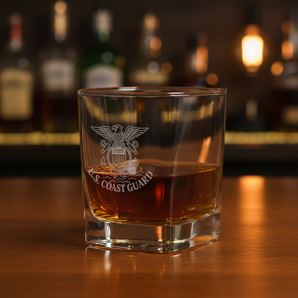 Whiskey glass filled with amber liquid, engraved with U.S. Coast Guard eagle emblem and text, positioned on wooden bar counter with blurred bottles in background