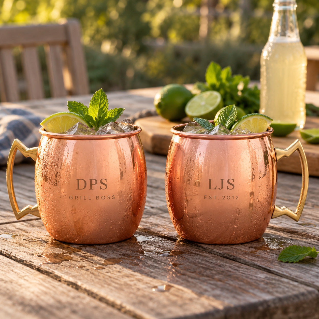 Two personalized copper Moscow mule mugs engraved DPS GRILL BOSS and LJS EST. 2012, filled with mules, lime and mint on a sunny patio table.