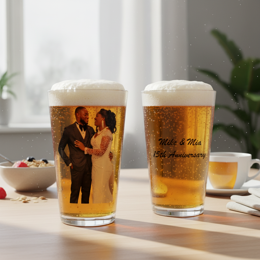 Pair of pint glasses filled with beer, left glass printed with photo of couple in formal attire, right glass personalized with sample text "Mike & Mia 15th Anniversary