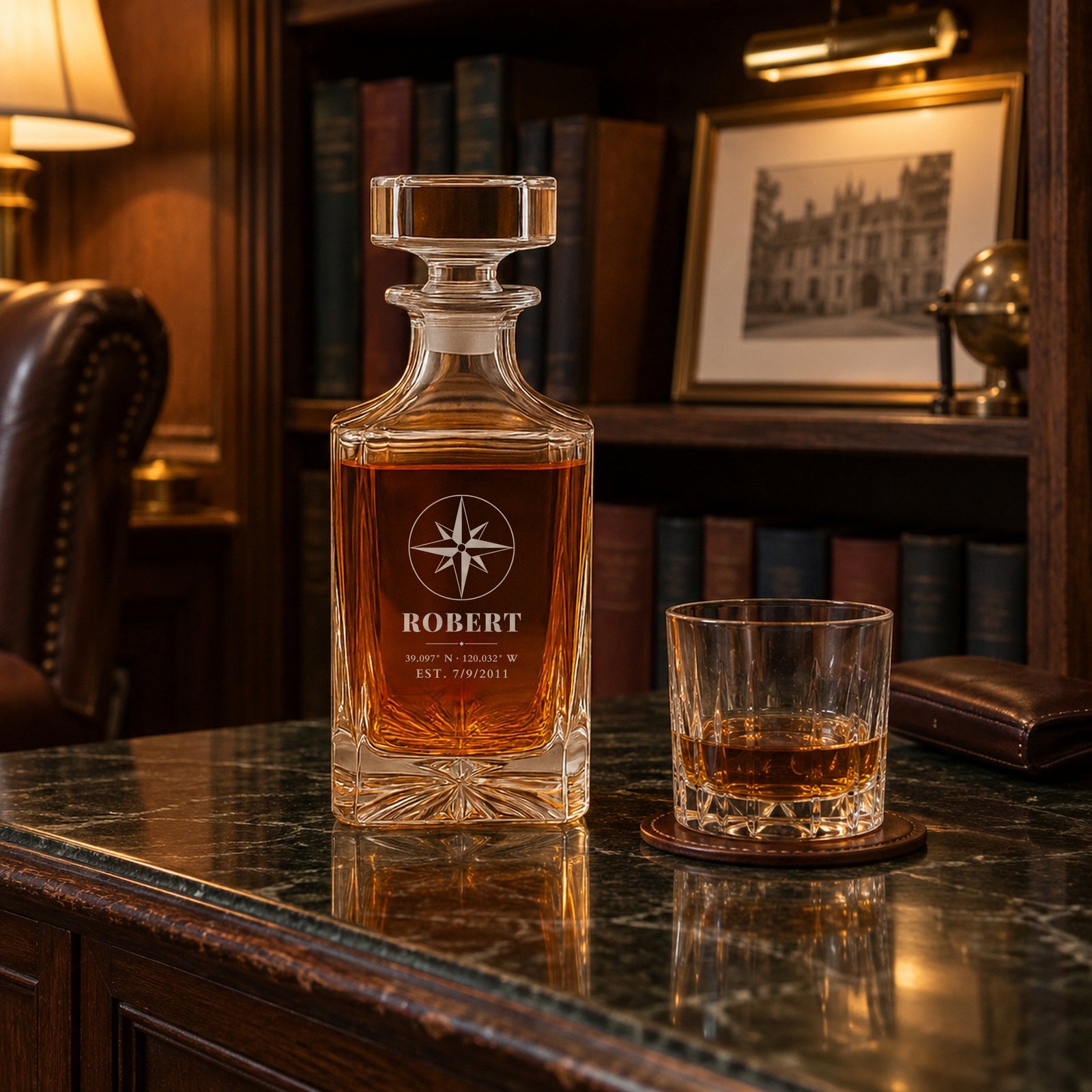 Personalized anniversary decanter for husband on the marble home bar in his study, engraved Robert with Lake Tahoe coordinates and EST. 7/9/2011