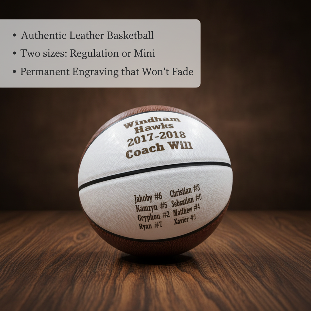 Regulation leather basketball engraved with sample personalization showing "Windham Hawks 2017-2018 Coach Will" and team roster with player names and numbers