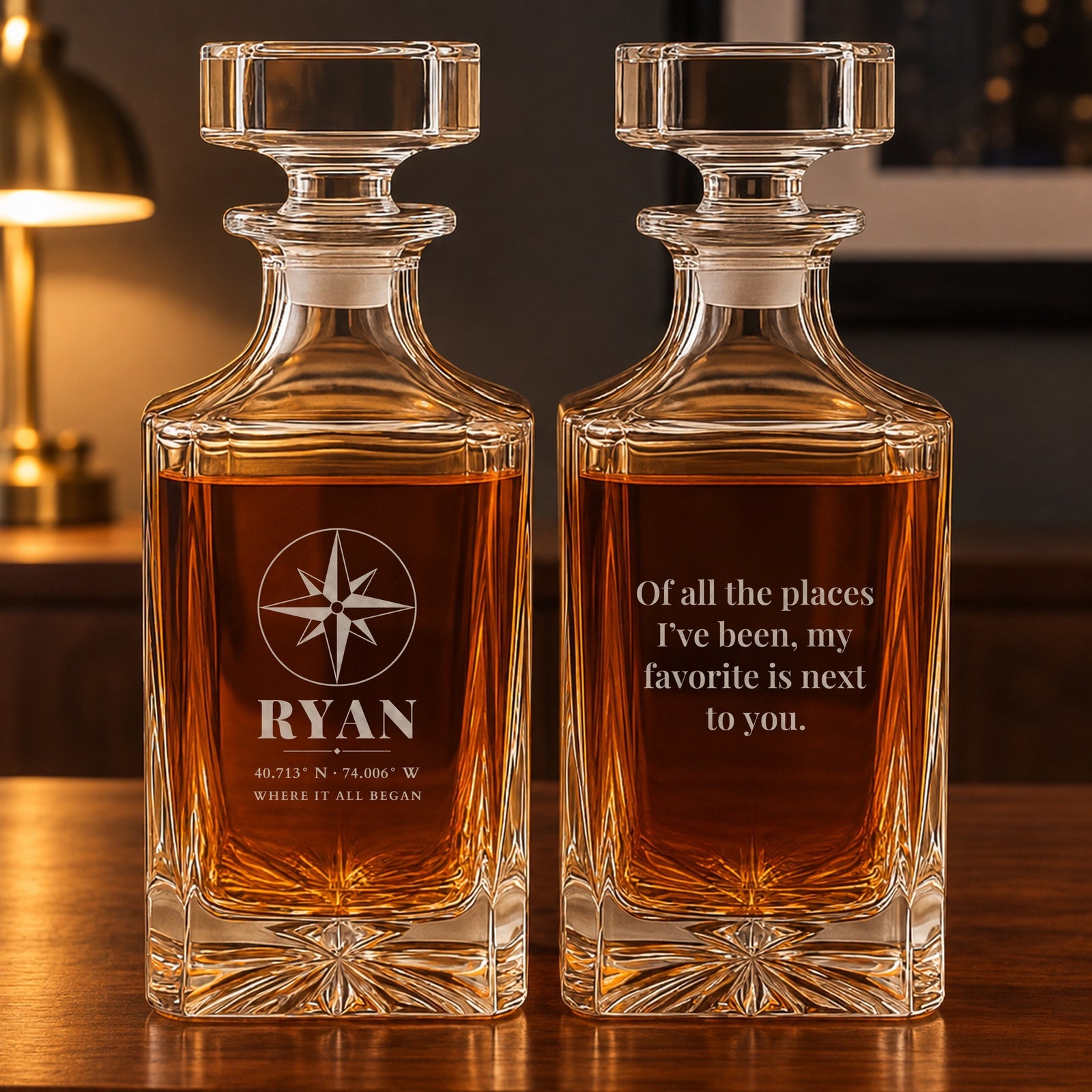 Front and back of a personalized whiskey decanter for boyfriend: a compass, the name Ryan and New York coordinates, and a love note engraved on the back