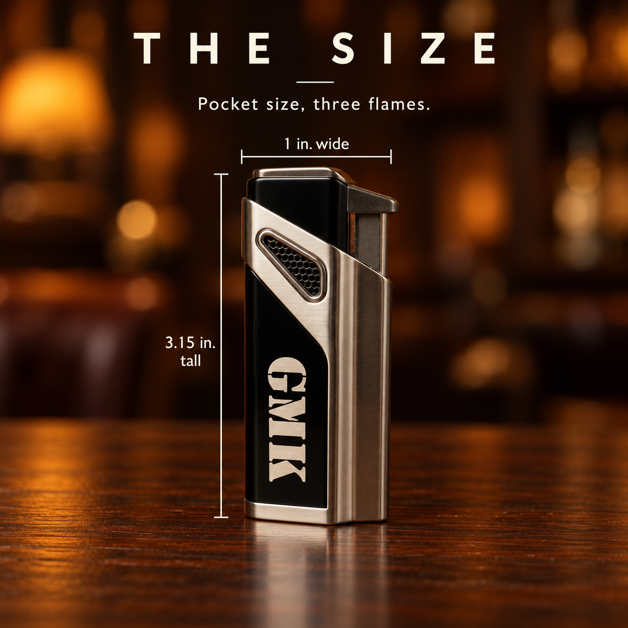 Size guide for the engraved torch lighter with GMK on the front: 3.15 inches tall and 1 inch wide, a pocket size triple flame personalized cigar lighter