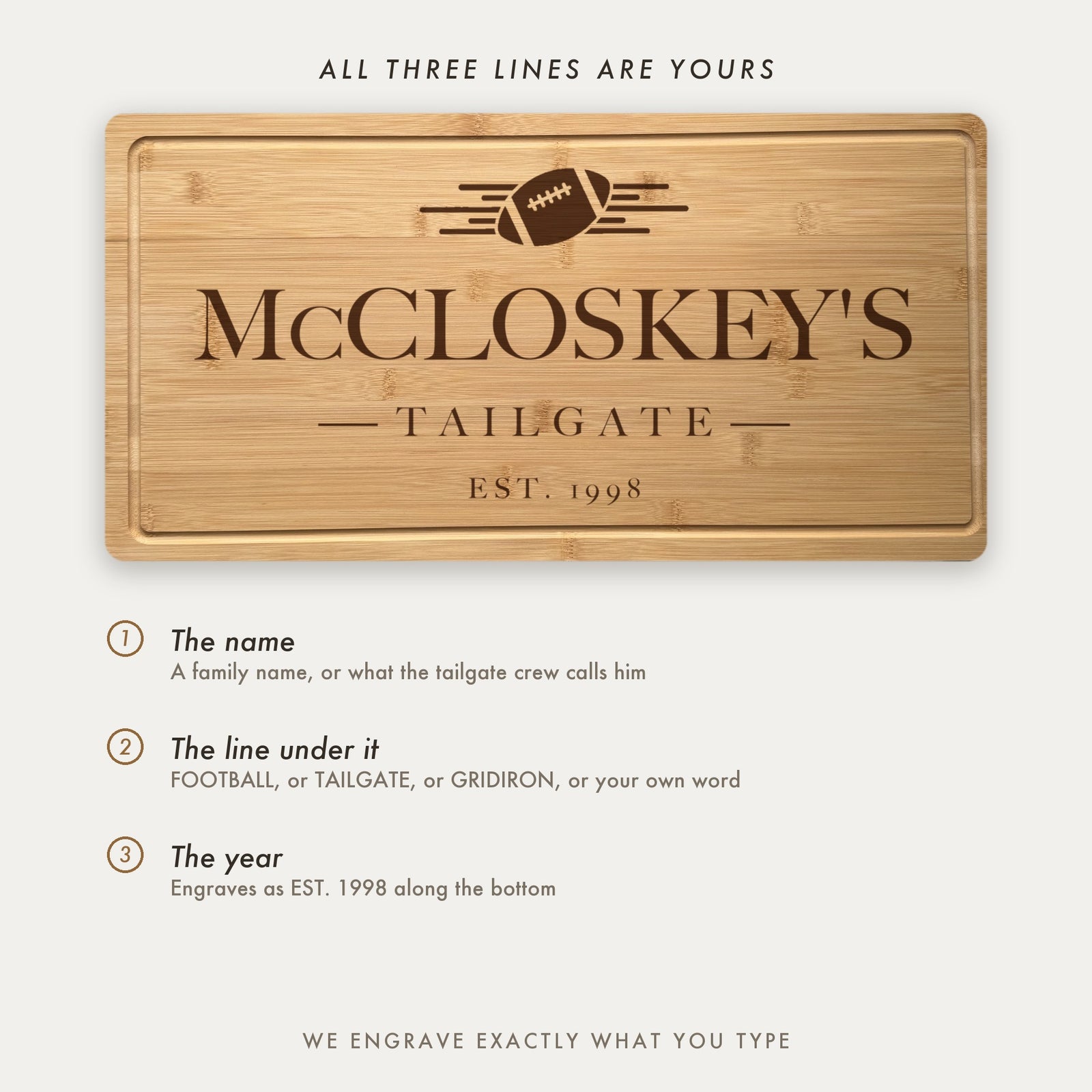 How the football board is personalized, showing McCloskeys Tailgate as an example with all three lines set by the customer including the middle word.