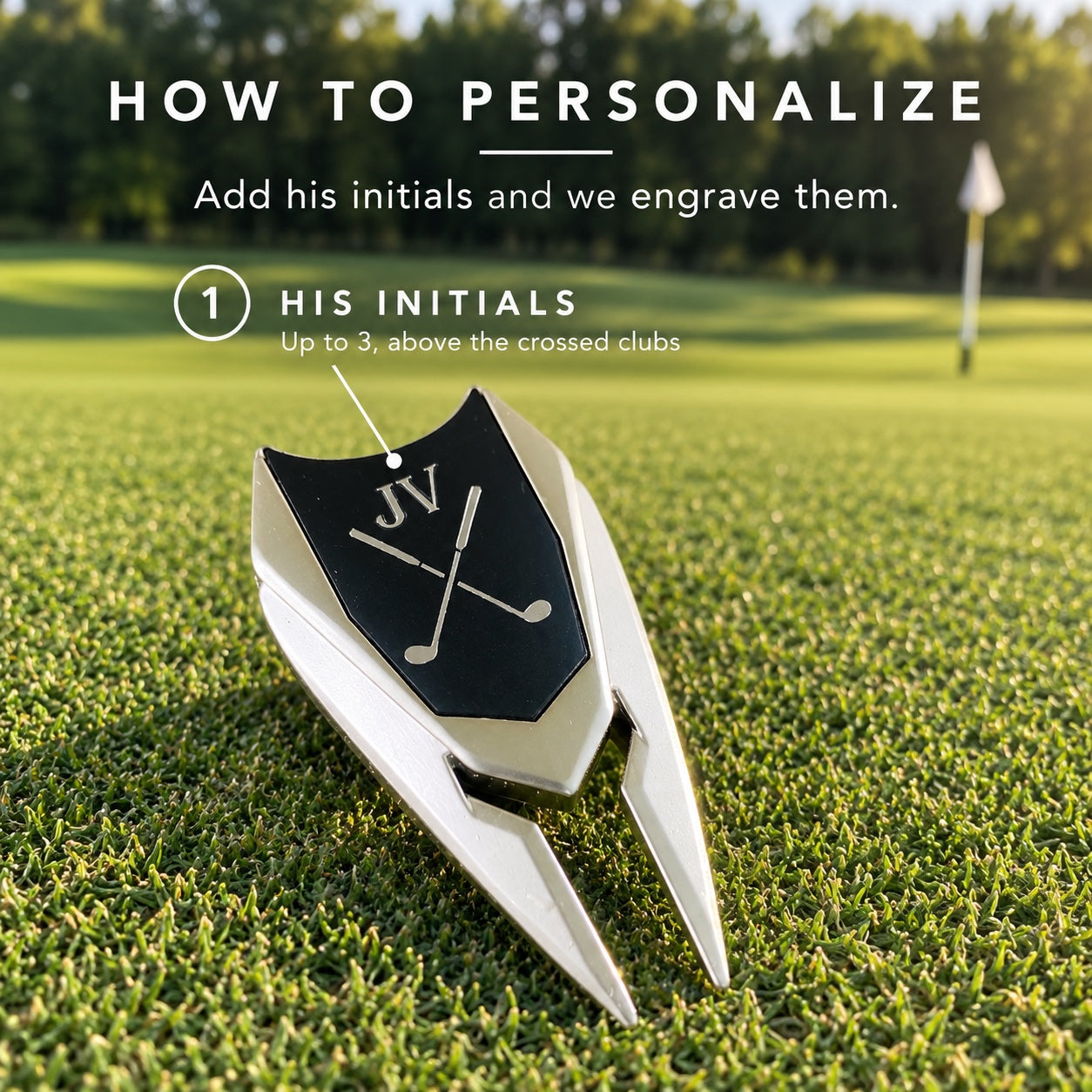 How to personalize the golf divot tool: add up to 3 initials and we engrave them above the crossed clubs on the ball marker