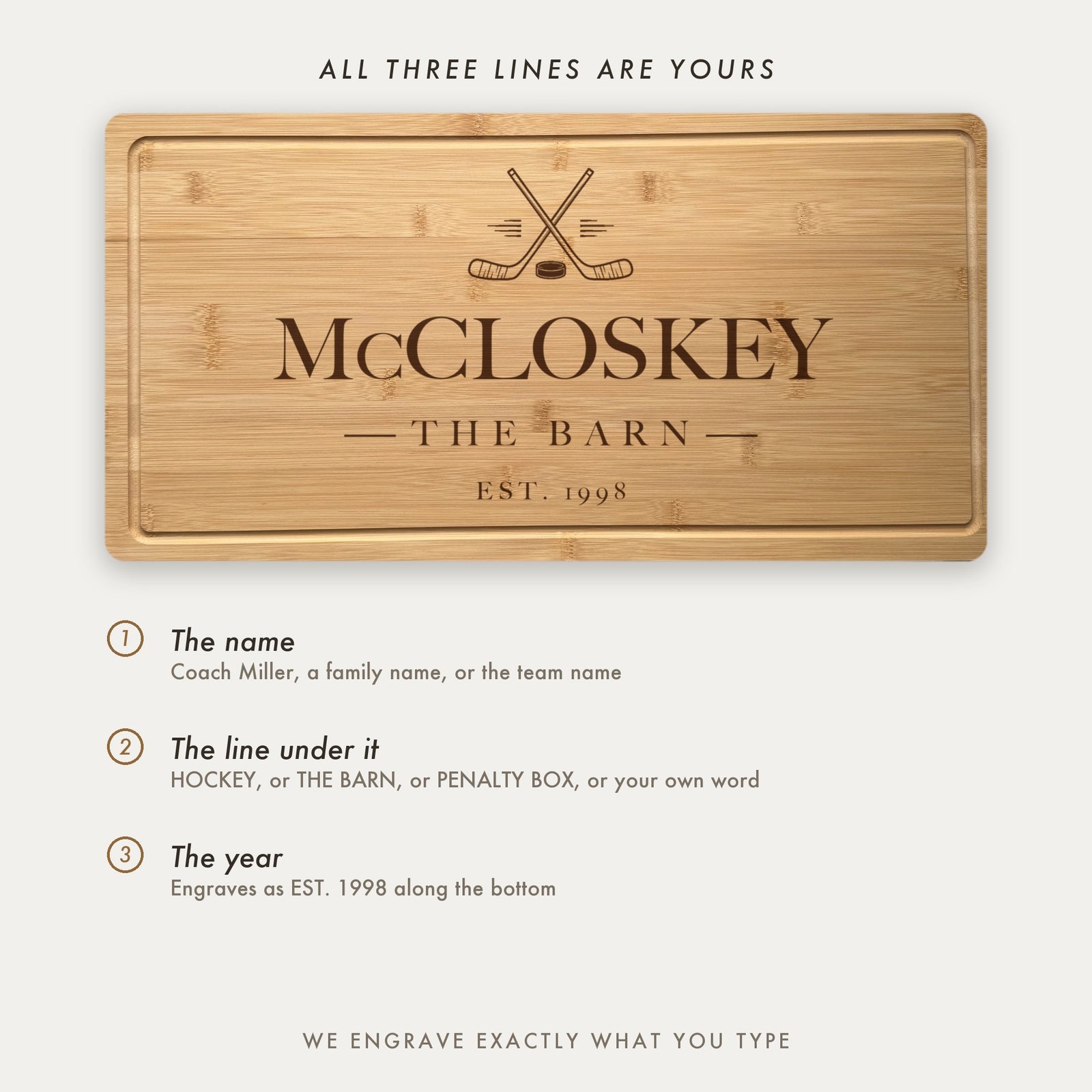 How the hockey board is personalized, shown as McCloskey The Barn with all three lines set by the customer including the line under the name.