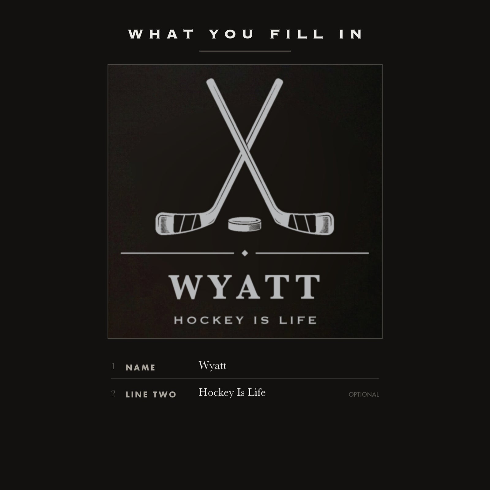 The two personalization fields on the hockey flask, his name plus one optional line such as Hockey Is Life.