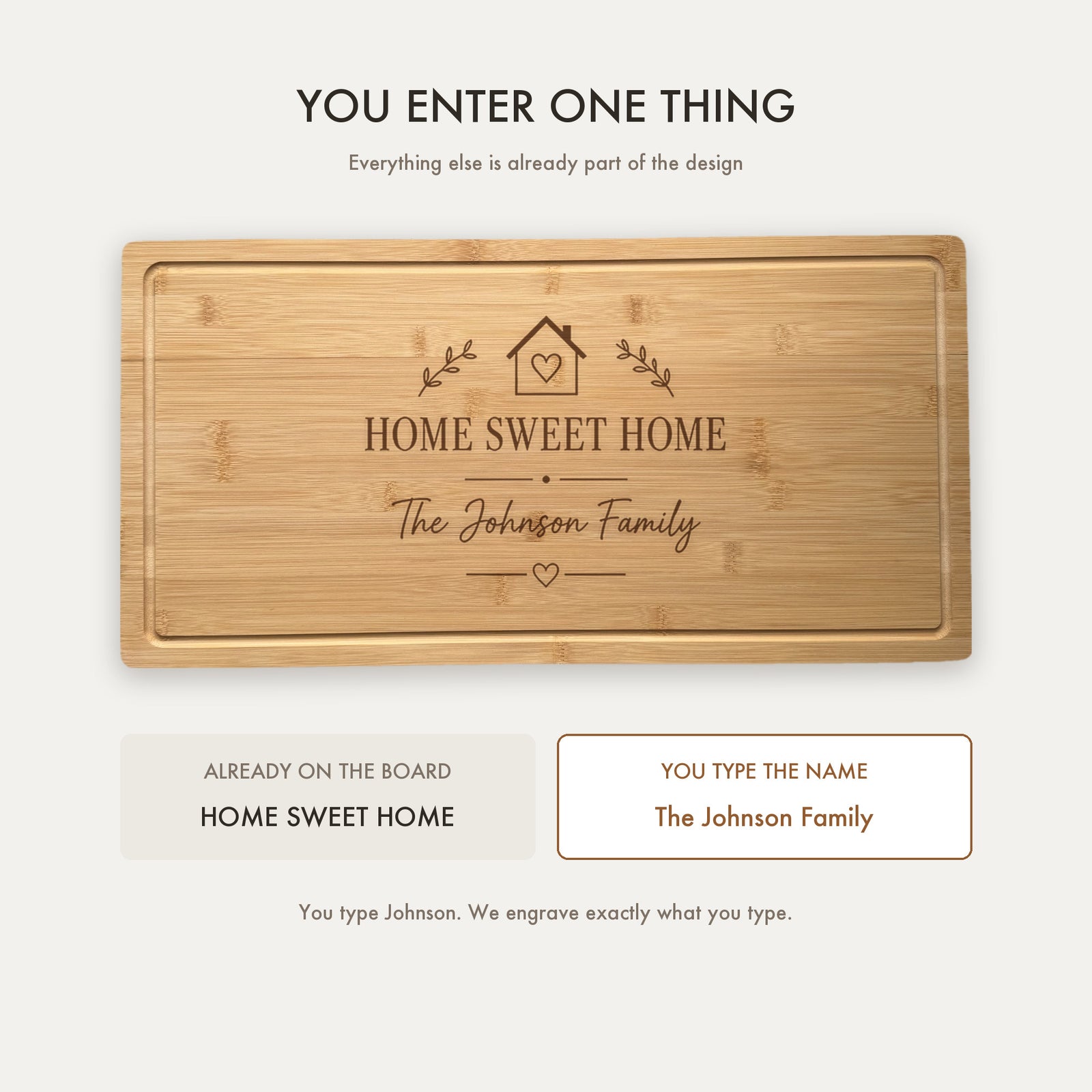 How the housewarming cutting board is personalized, showing that Home Sweet Home is part of the design and the buyer supplies only the family name.