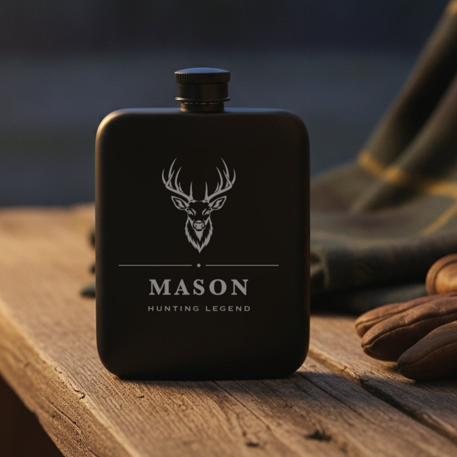 Engraved whitetail buck flask reading Hunting Legend on a cabin porch bench beside a wool blanket and worn leather gloves.