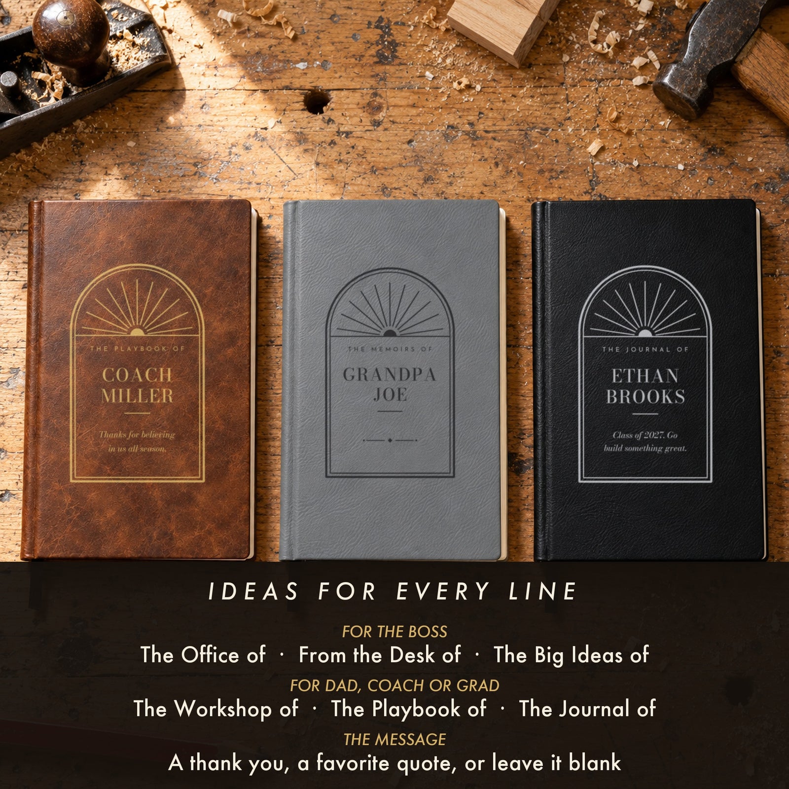 Three engraved journals for men with ideas for every line: The Playbook of Coach Miller, The Memoirs of Grandpa Joe and The Journal of Ethan Brooks