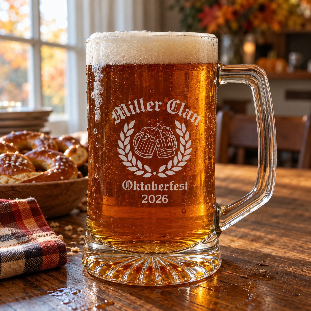 Personalized Oktoberfest glass beer stein engraved Miller Clan across the top with Oktoberfest 2026 below the laurel crest, on a kitchen table beside soft pretzels