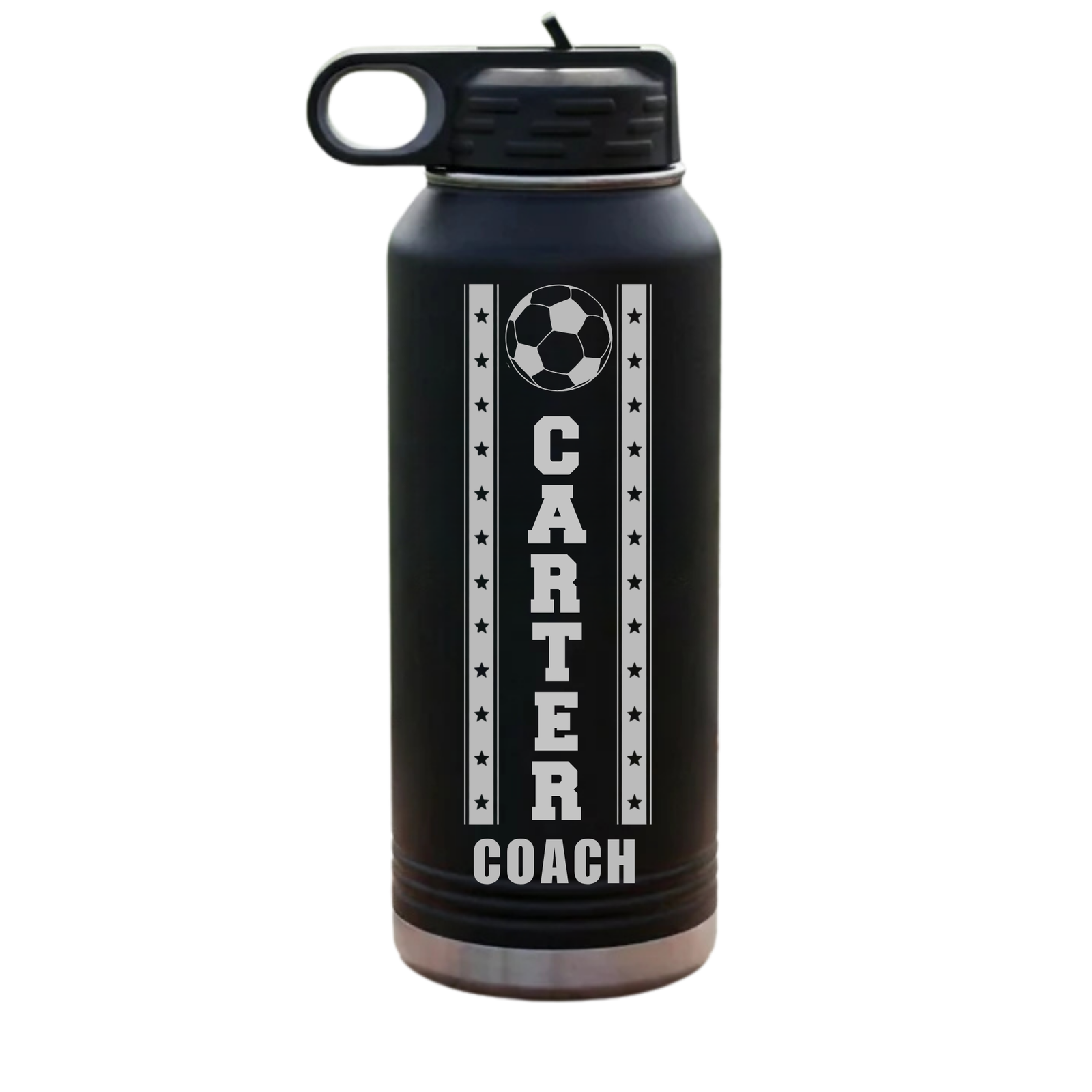 Black personalized soccer coach water bottle laser engraved with a soccer ball, the name Carter down the center, and Coach at the bottom, 32oz insulated stainless steel.