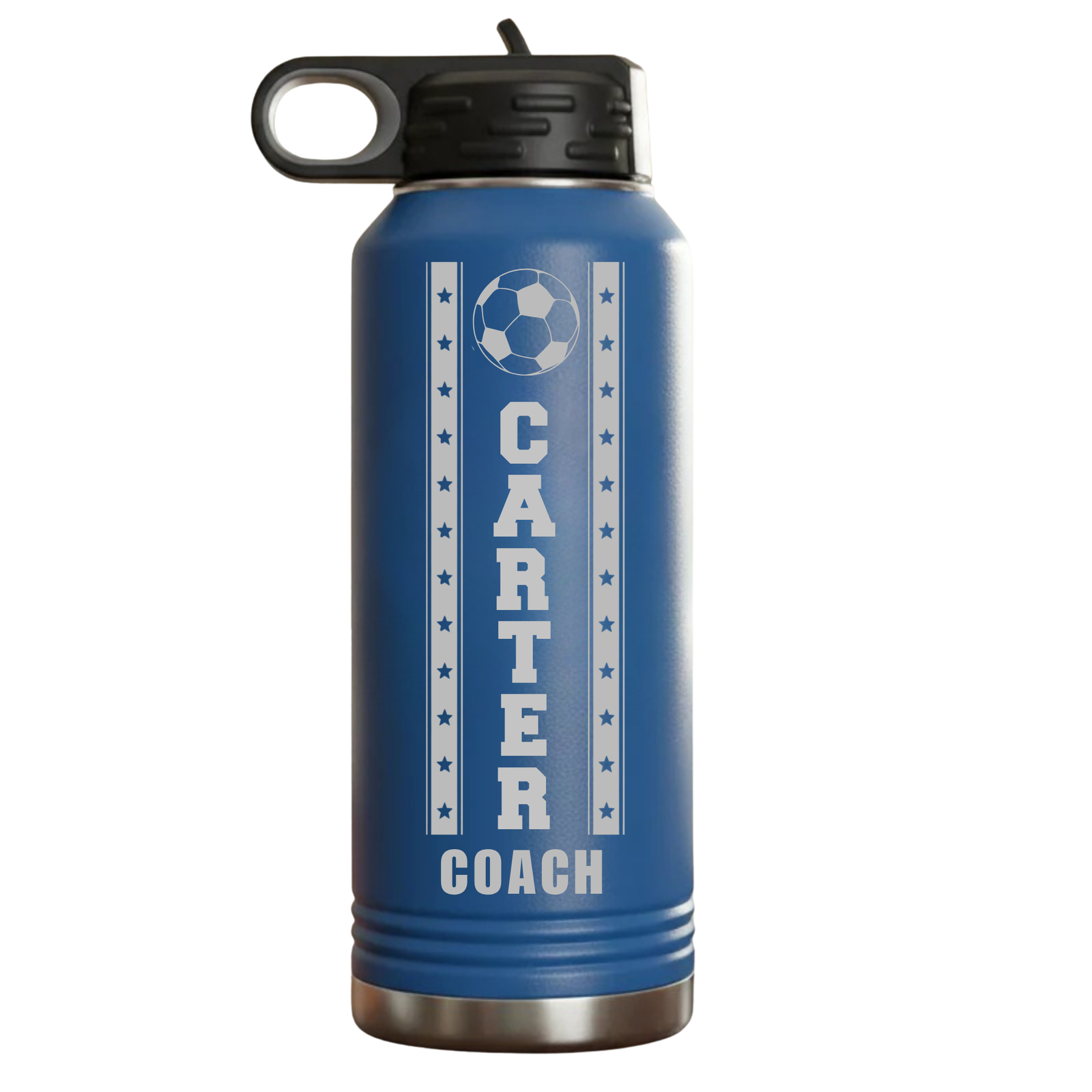 Royal blue personalized soccer coach water bottle engraved with a soccer ball, the name Carter, and Coach underneath, 32oz double-wall insulated and BPA-free.