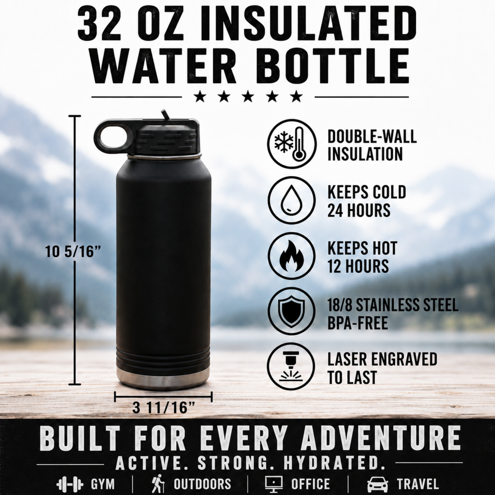 32oz insulated water bottle features and dimensions, double-wall insulated, keeps drinks cold 24 hours, laser engraved